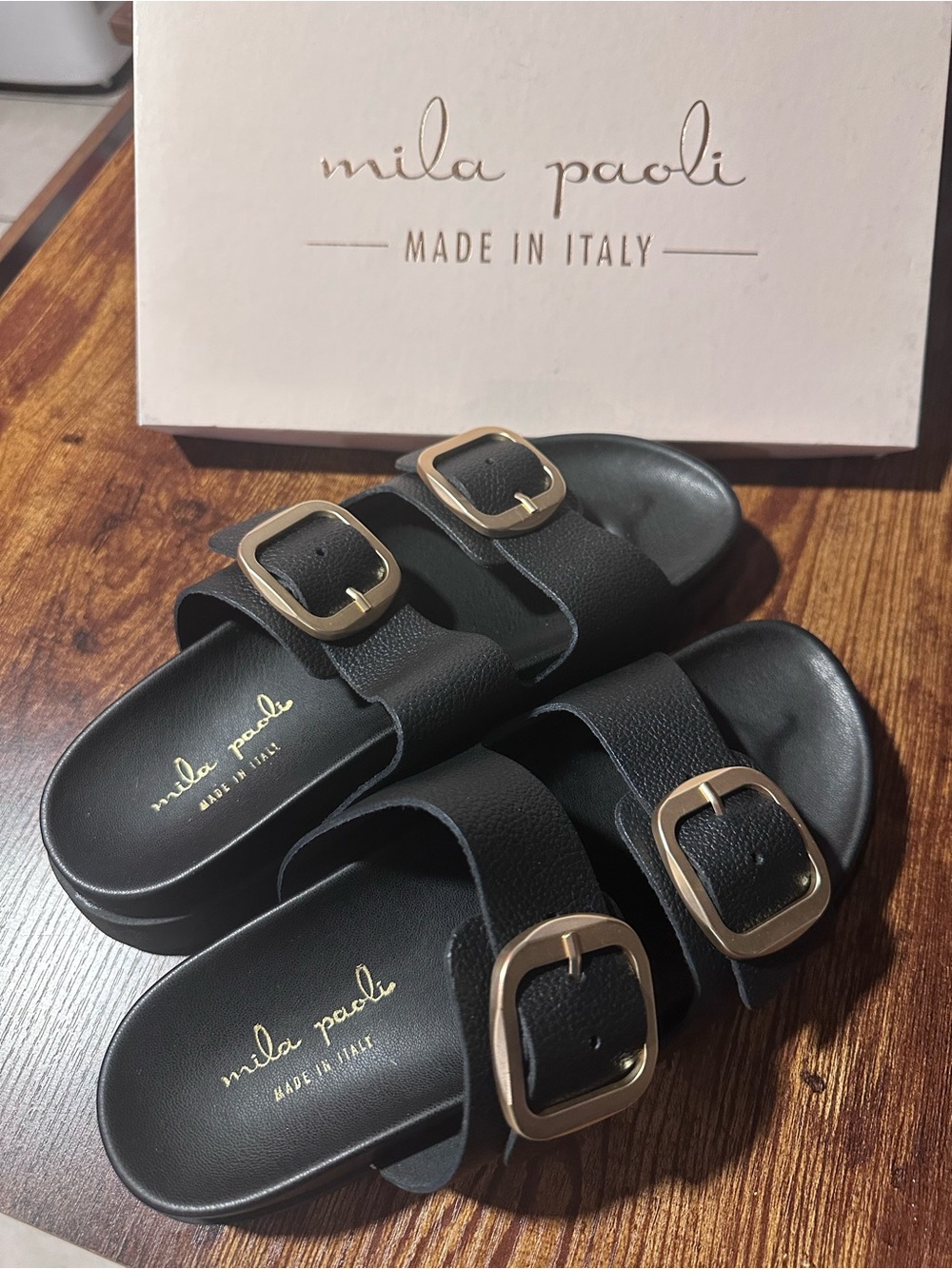 Mila Paoli Black Slide Sandals with Gold Buckles